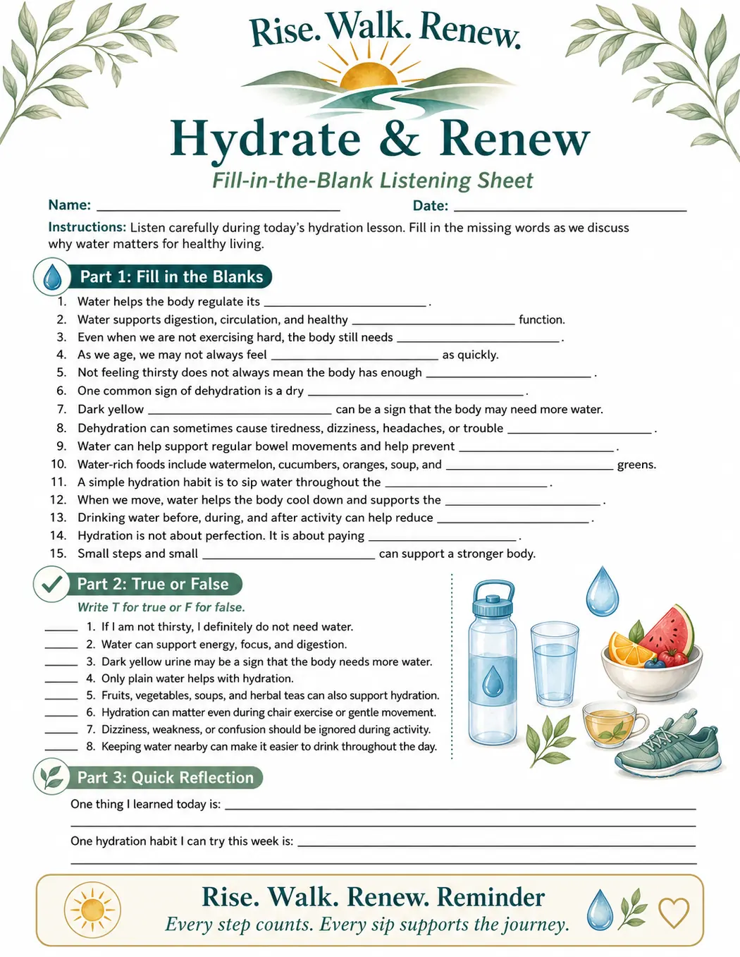 Hydrate and Renew learning sheet